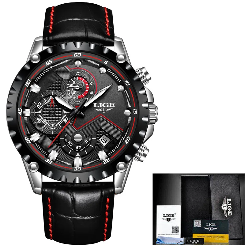 silver black 2019LIGE модные мужские часы Топ Бренд роскошные кожаные часы мужские военные спортивные водонепроницаемые аналоговые кварцевые часы Relogio Masculino - Цвет: silver black