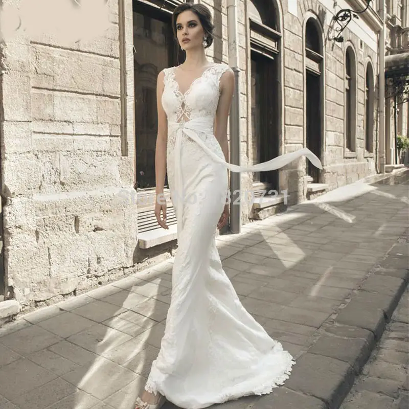 

2020 vestido de noiva Свадебные платья с аппликацией ленты Свадебные платья с v-образным вырезом Со Шлейфом Кружевное платье без рукавов А-силуэта