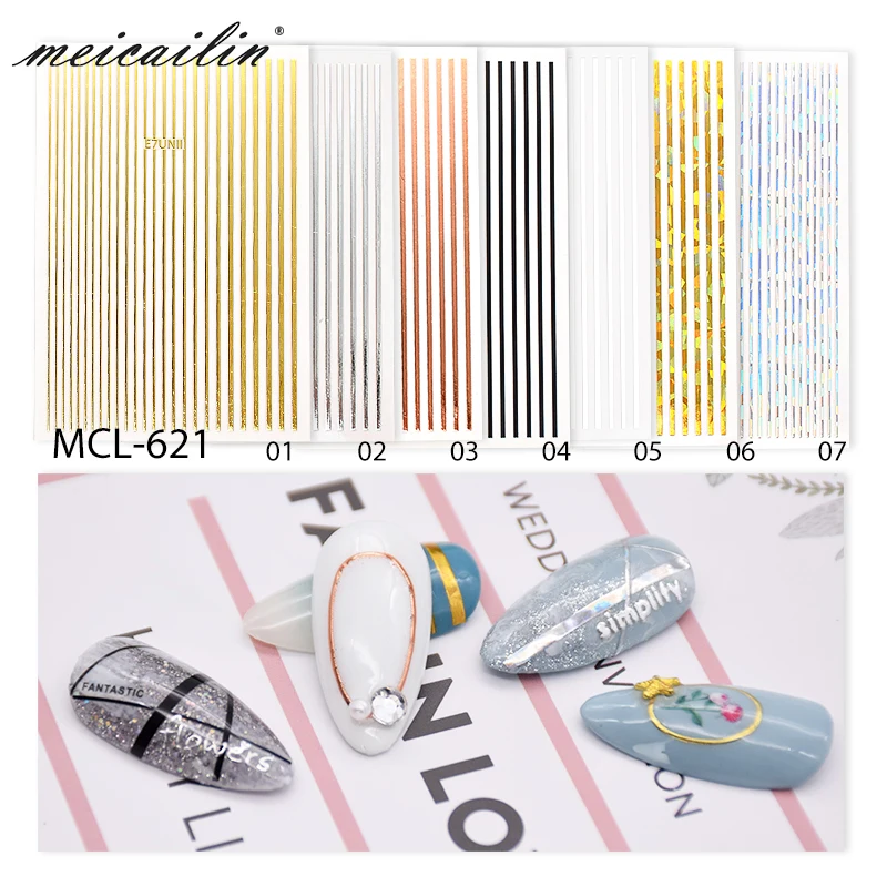 1pc Silver Gold White 3D Nail Sticker Metal Stripe Line Stickers Adhesive Strip Tape Art Decals Decorations
