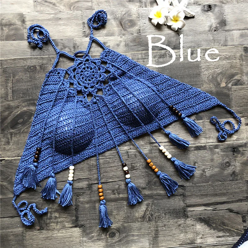Boho пляж бикини Холтер Cami женщины крючком кружева Bralette вязать бюстгальтер Танк укороченный топ