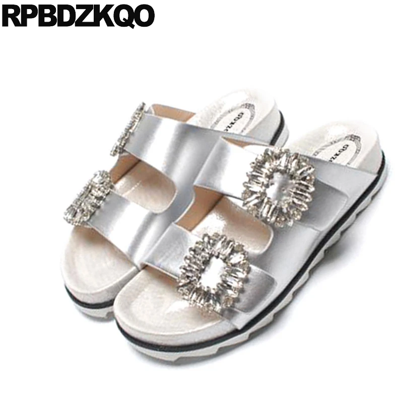 Sandals Slipper Jewel Diamond Rhinestone Slides Famous Brand Flat Crystal Burgundy Satin Designer Shoes Women Luxury 2021 Silver | Обувь