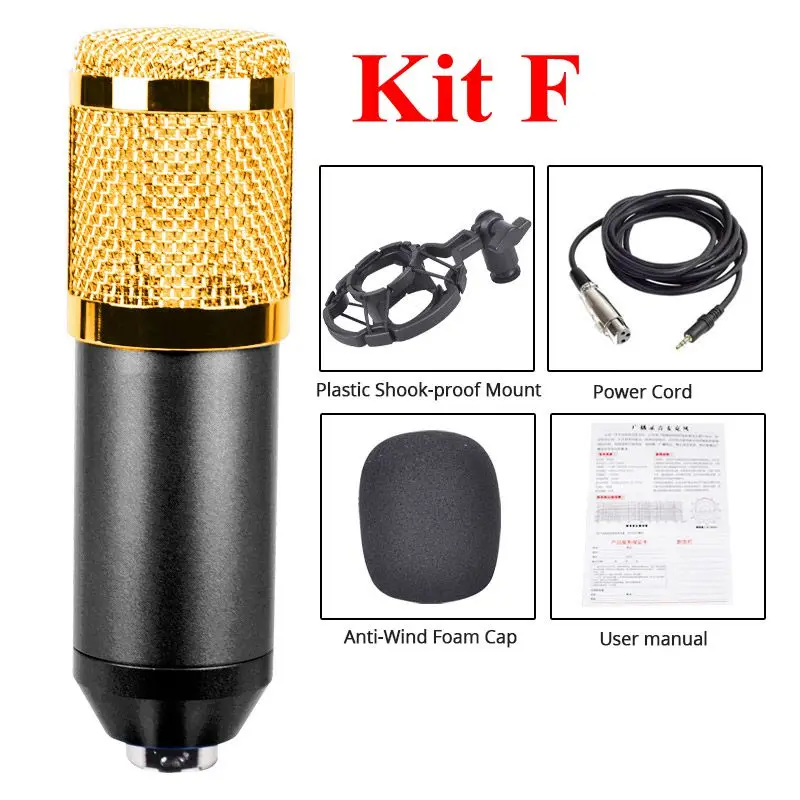 kit F Для микрофона Bm 800 48V Phantom power с адаптером/XLR аудио кабелем/микрофонным фильтром/регулируемой микрофонной подставкой - Цвет: kit F