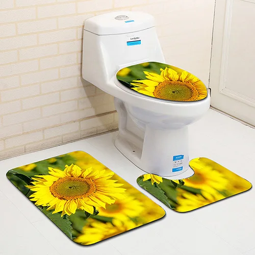 sunflower 3 шт./компл. Фланелевая пижама с принтом Нескользящие Туалет Ванная комната подстилка, напольный коврик ковер абсорбент пьедестал коврик крышки унитаза крышка коврик для ванной - Цвет: sunflower