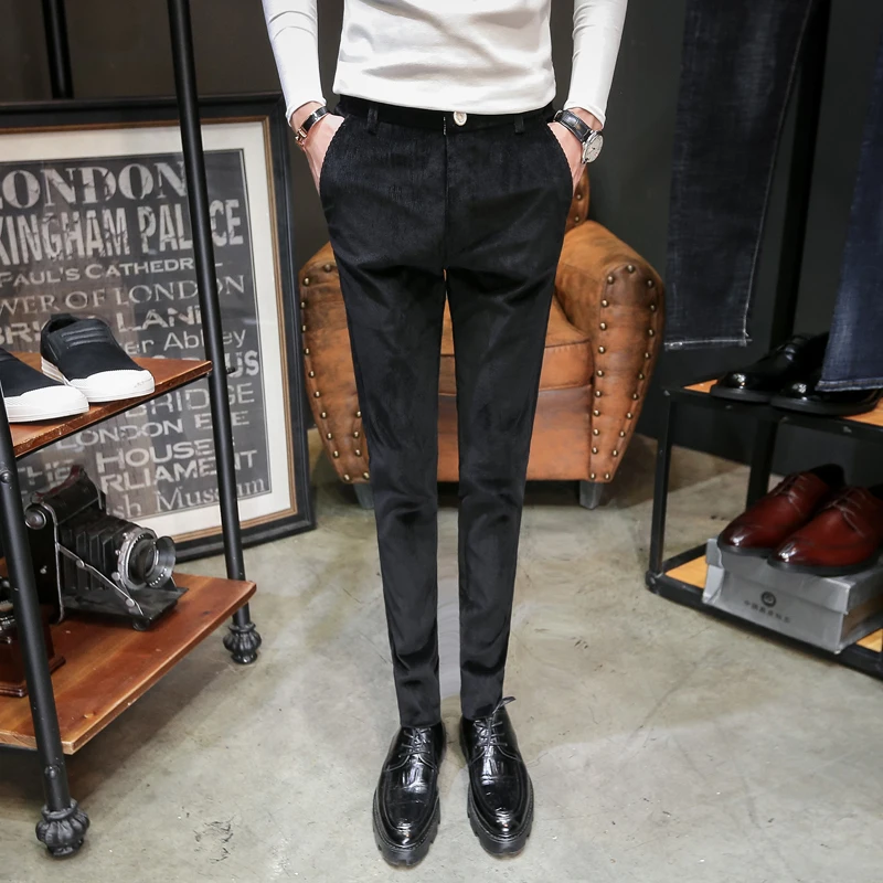 Хаки вельвет Повседневное брюки Для мужчин хорошее Stretch Slim Fit Для мужчин брюки осень-зима Мода однотонный костюм брюки мужской продажи