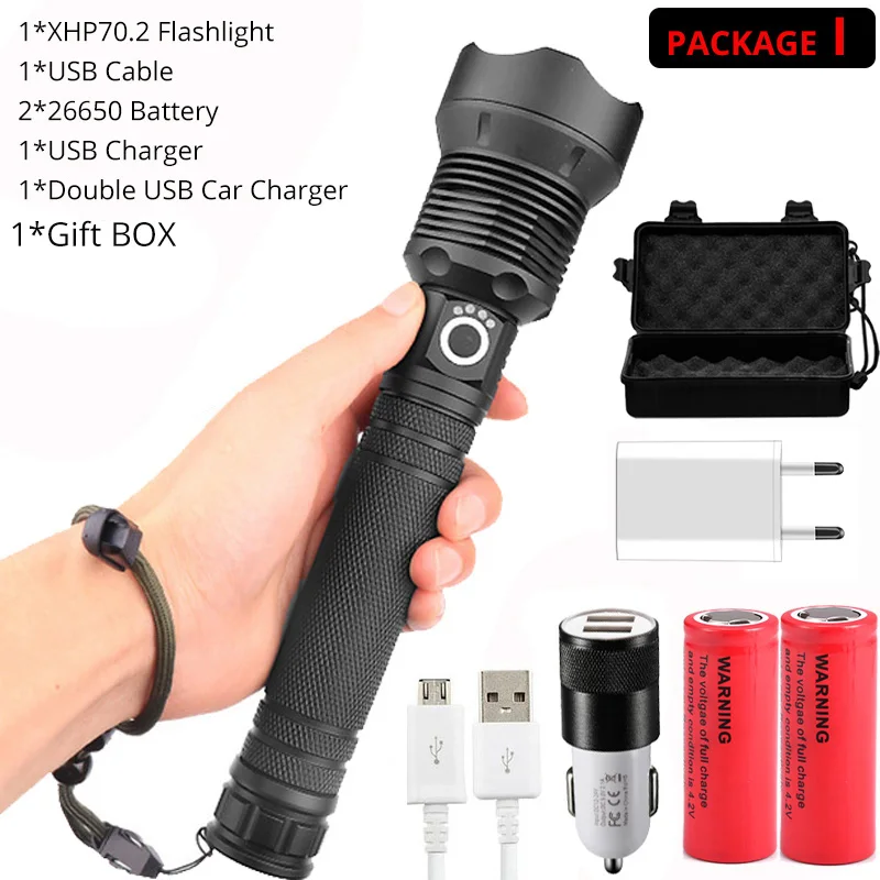 Package I-26650 Самый мощный XHP70.2 светодиодный светильник-вспышка с usb зумом тактический фонарь xhp50 18650 или 26650 перезаряжаемый ручной светильник с аккумулятором Прямая поставка - Испускаемый цвет: Package I-26650