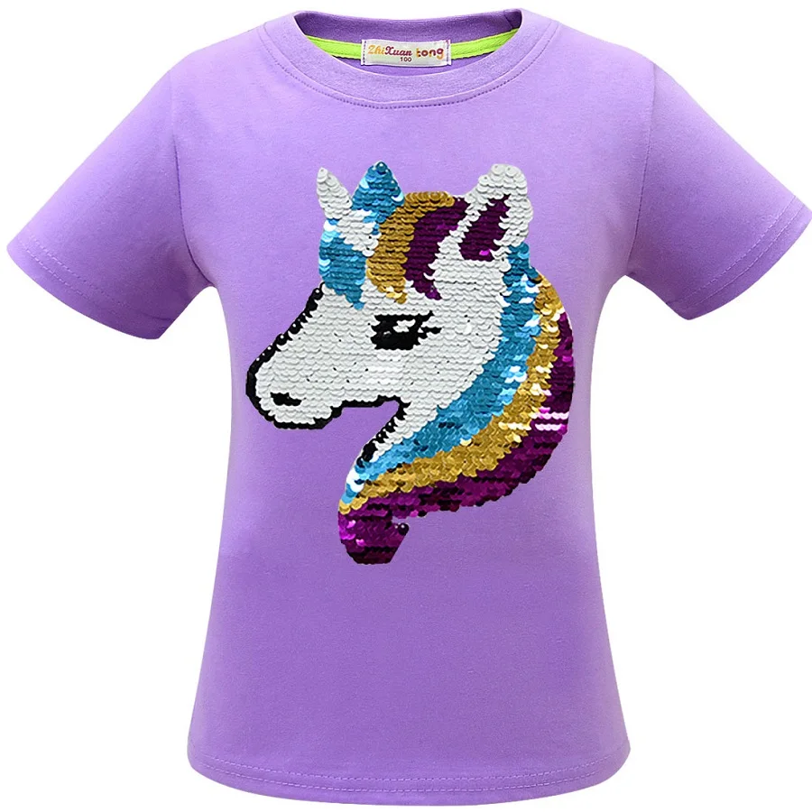 3484 Purple Рубашка с единорогом Camiseta Unicornio, футболка одежда для маленьких девочек топы для маленьких девочек, летняя одежда для детей Roupa Menina Красочные Блестки - Цвет: 3484 Purple