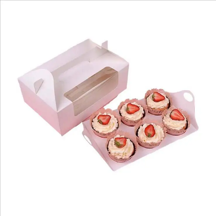 12Pcs/Lot Six Case Pink Kraft Paper Cupcake Box Cake Box With Clean PVC Window Wedding Party Favor Box Cake Packaging
