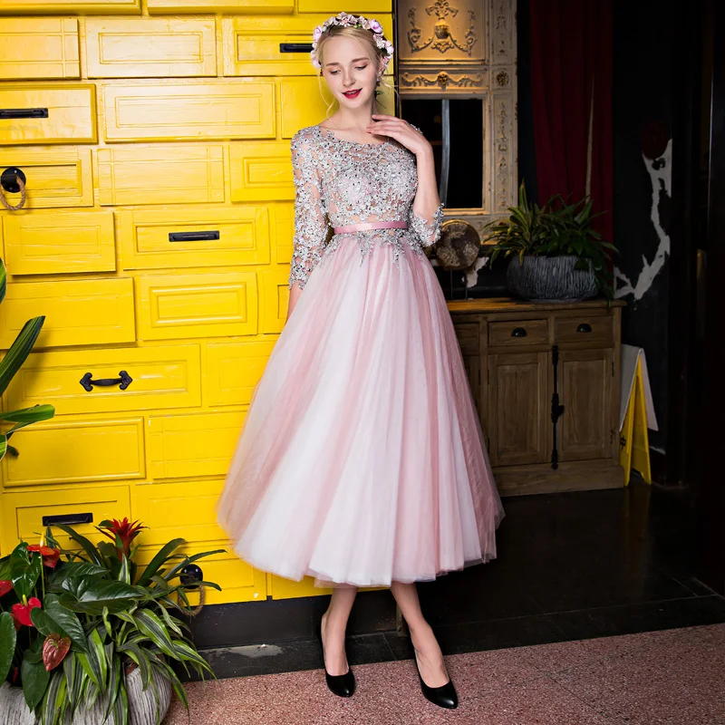 Винтажное длинное платье для выпускного jaevini с рукавами и круглым вырезом