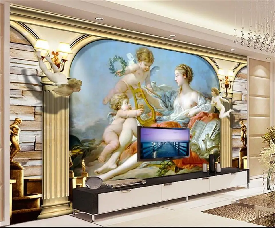 

3d обои, фотообои, размер на заказ, настенные обои для гостиной, Cherub и Mary, картина маслом, диван, фон для телевизора, настенные 3d обои