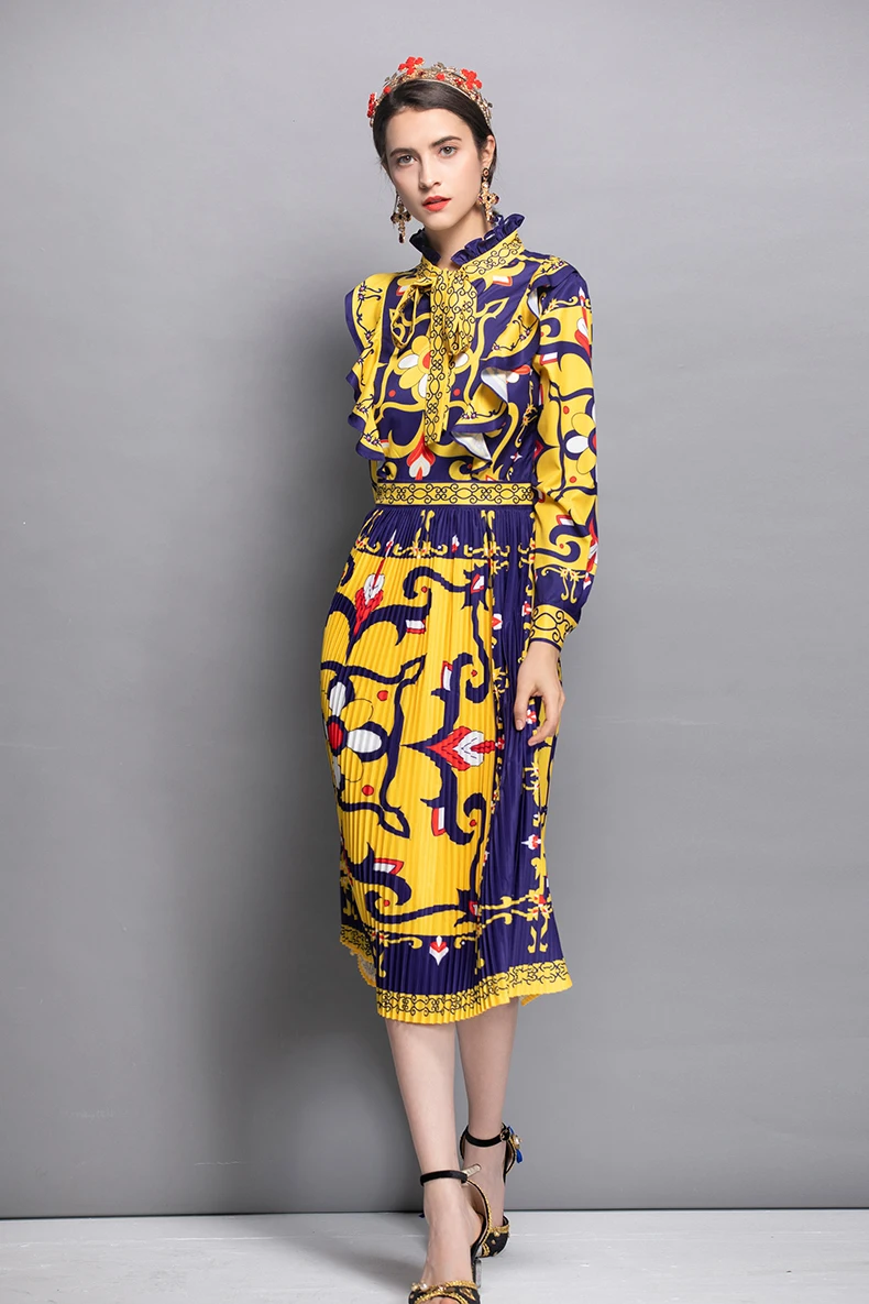 2019 Для женщин с круглым вырезом длинными рукавами и рюшами на шнуровке принтом