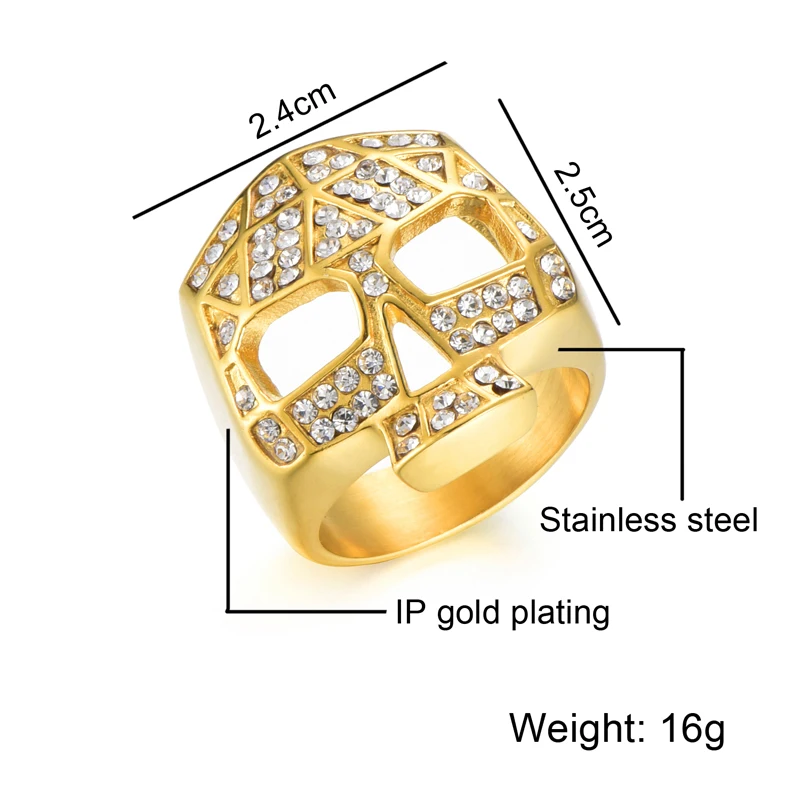 Хип хоп Золотое кольцо с черепом Iced Out Bling IP позолоченные титановые кольца из
