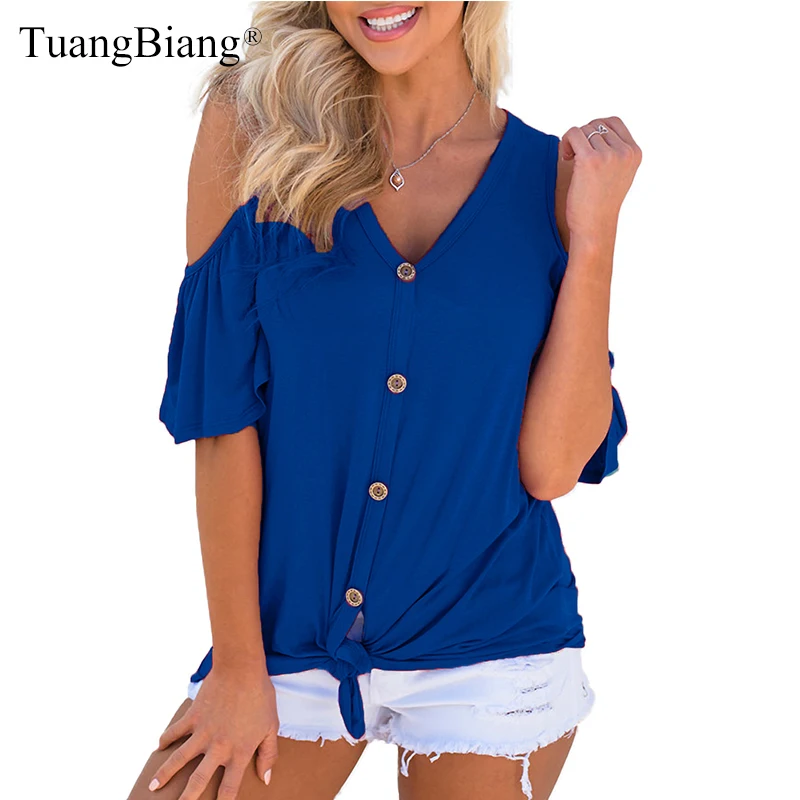 

Off Shoulder 2019 Ladies Summer Sexy T shirt Solid Color V-Neck Short sleeve Button Tee Shirt Women Casual Butterfly Sleeve Tops