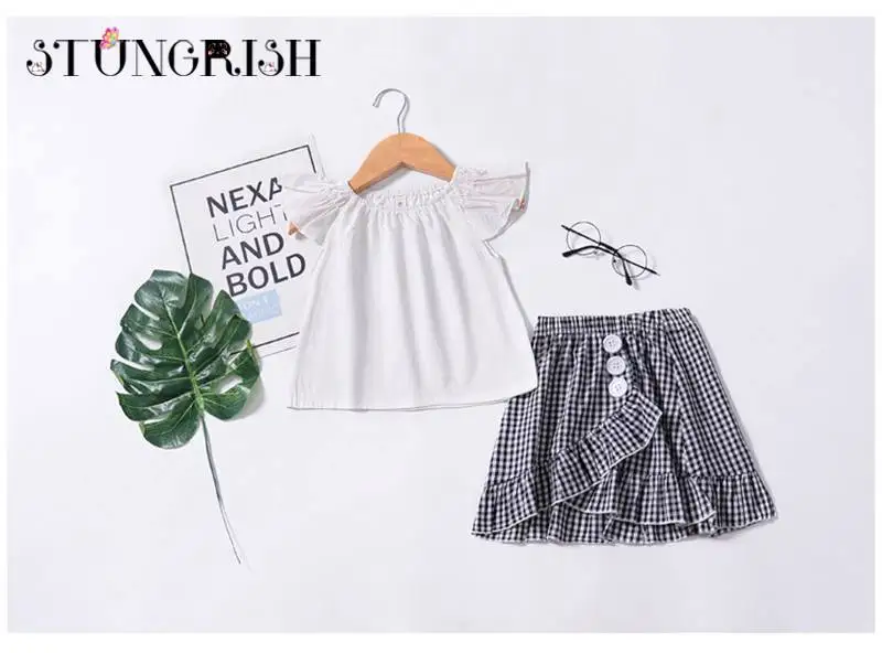 Модный комплект одежды для девочек белый топ + короткая юбка 2 шт. летний костюм