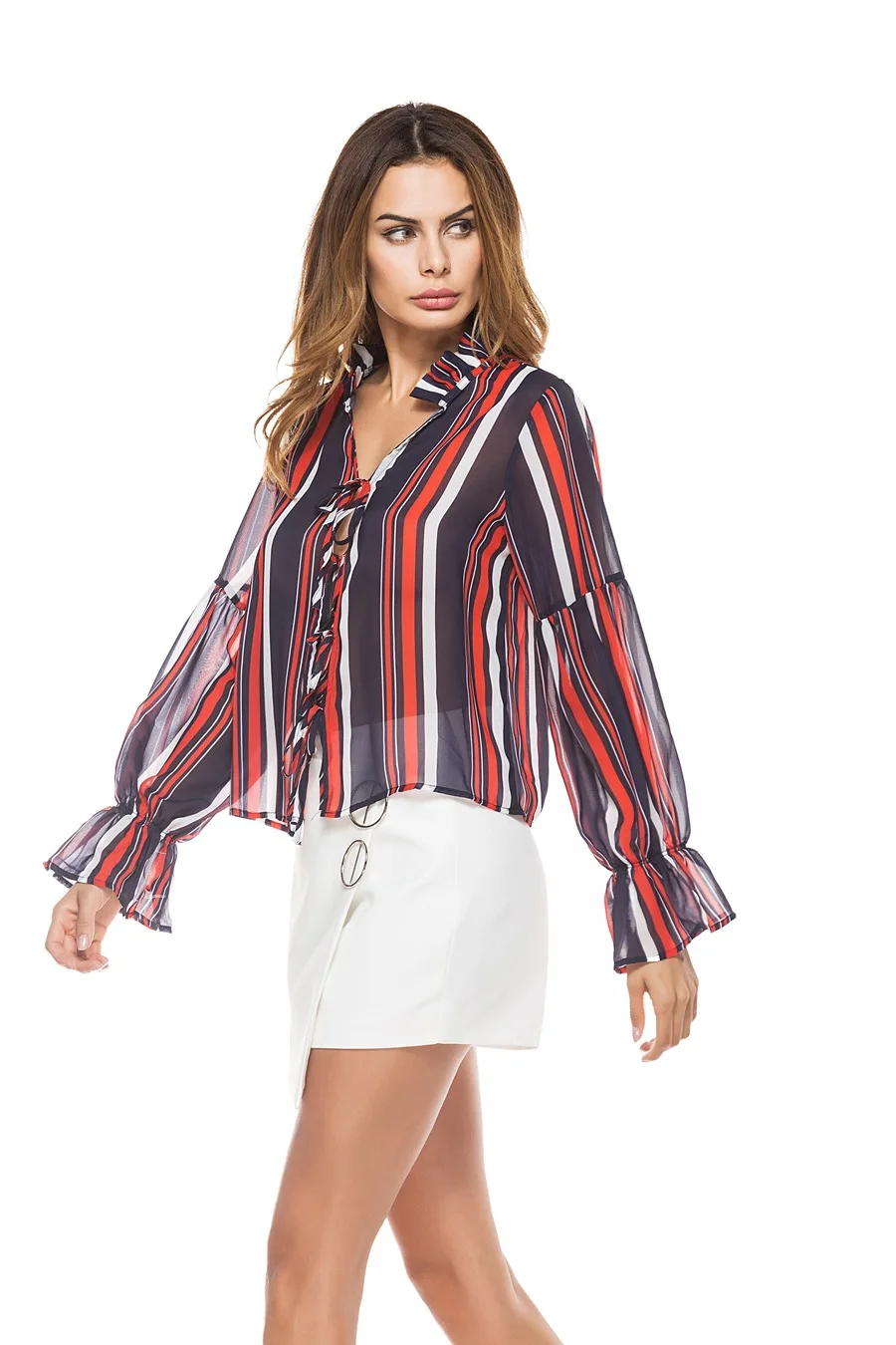 2018 Summer Print V-neck Bandage Bubble Long Sleeves Thin Fashionable Casual Cool Ladies' Chiffon |