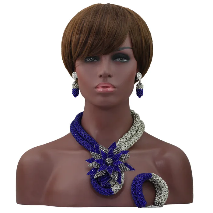 Latest Royal Blue/Silver Beauty Jewelry Set African Bride Crystal Floral Costume Necklace Flower Brooch Free Shipping ABL578 | Украшения и