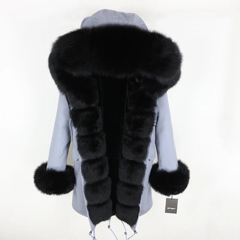grey black Brand Real Fur Coat Fashion Winter Jacket Women Natural Real Fox Fur Collar Loose Long Parkas Big Fur Outerwear Detachable - Цвет: grey black