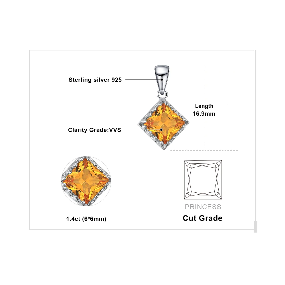 Jewelrypalace классический 1.4ct квадратный желтый создан сапфир пасьянс кулон 925 Silve