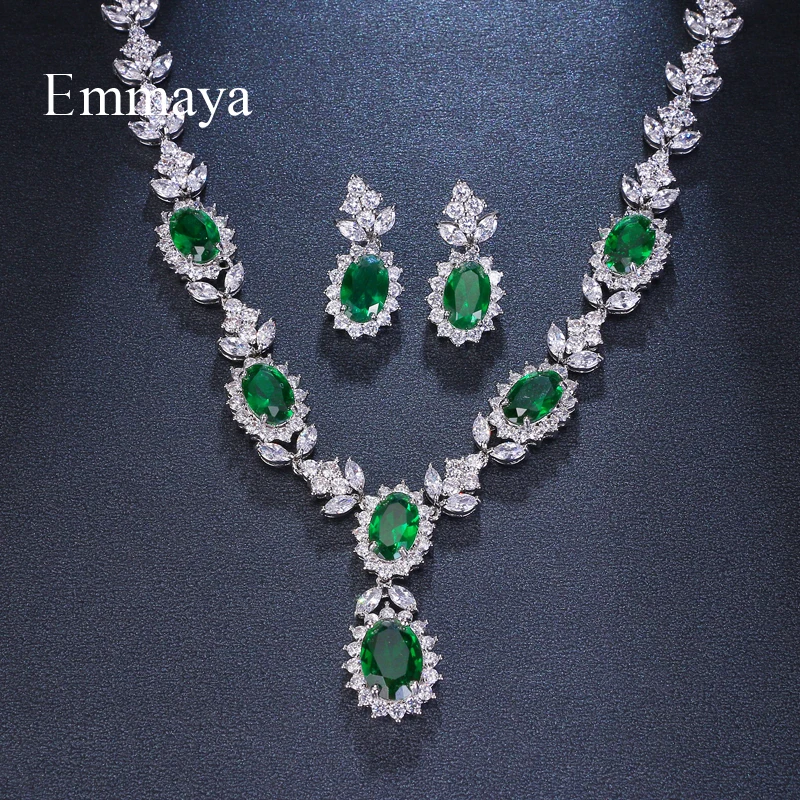 

Emmaya Brand Fashion Luxury Cubic Zirconia Bridal Jewelry Sets Green Oval Crystal Rhinestone Party Wedding Jewelry Necklace Sets