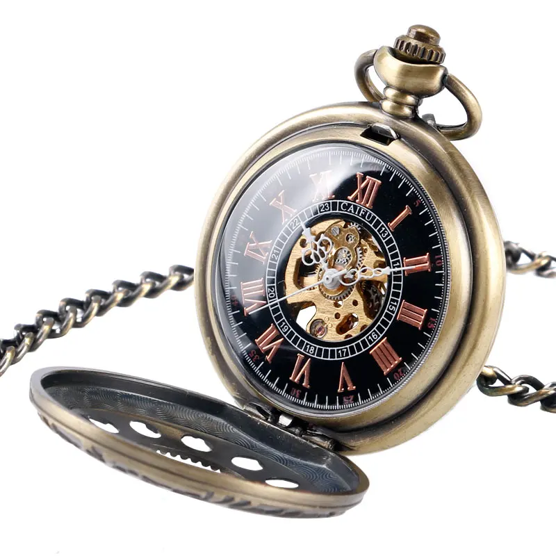 Special Bronze Mechanical Pocket Watch Roman Number Half Hunter Fob Watches Hole Watch Men Steampunk Skeleton Relogio De Bolso