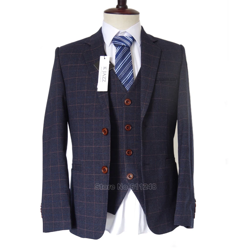 Стороны-с учетом Мода темно-синий решетки тонкий Костюмы Выпускной церемонии