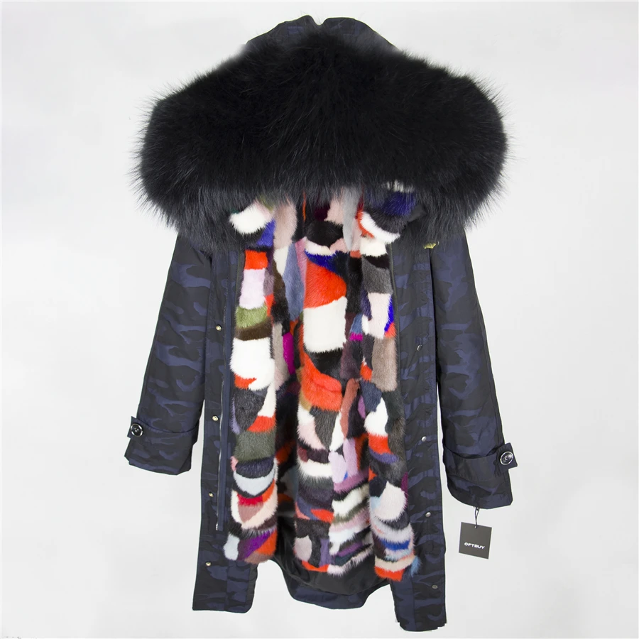 blue Camouflage 16 OFTBUY X-длинная Камуфляжная парка, пальто с натуральным мехом, зимняя женская куртка, большой воротник из натурального меха енота, капюшон, подкладка из натурального меха норки - Цвет: blue Camouflage 16