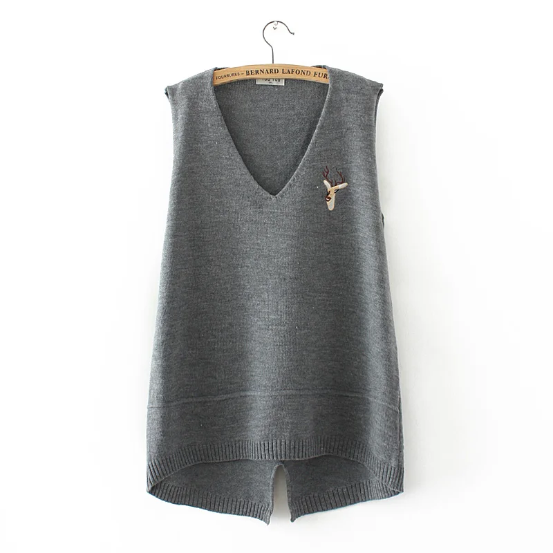 Plus size spring vest sleeveless sweaters 2018 dark blue gray Khaki Embroidered knitted V neck wool female top wear Pullovers | Женская