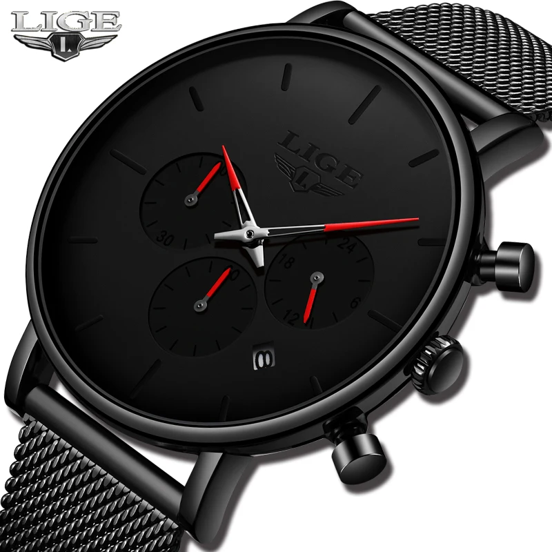 LIGE Fashion Thin Mens Watches Top Brand Luxury Quartz Watch Men Casual Slim Mesh Waterproof Sport Black Relogio Masculino | Наручные