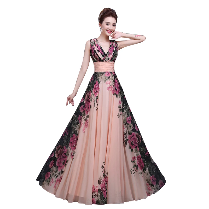 

Шифоновое вечернее платье-трапеция с V-образным вырезом и цветочным принтом и без рукавов Длинное вечернее платье в пол Платье для беременн...