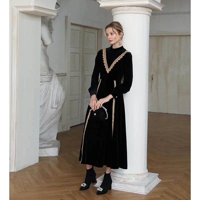 2019 Россия стиль викторианское Ретро бархатное черное платье Французский корт