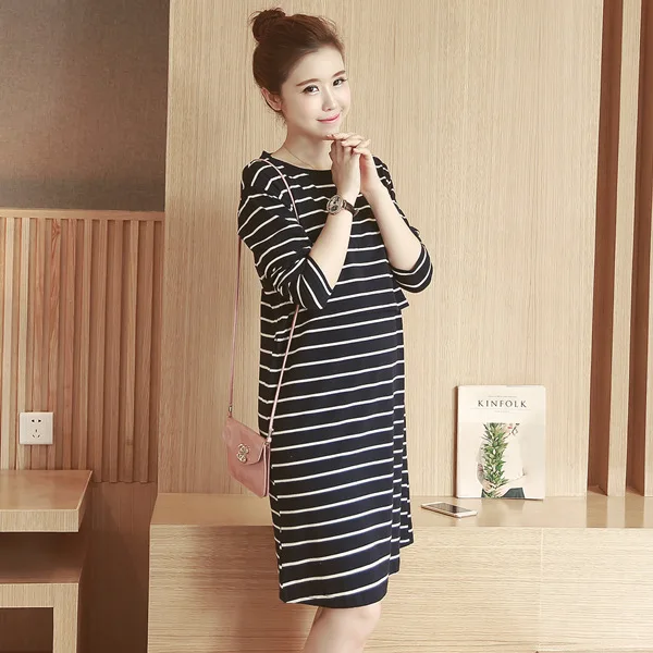 

Spring Autumn Nursing Dress Breastfeeding Maternity Clothes For Pregnant Woman Cotton Striped Lactation Dress