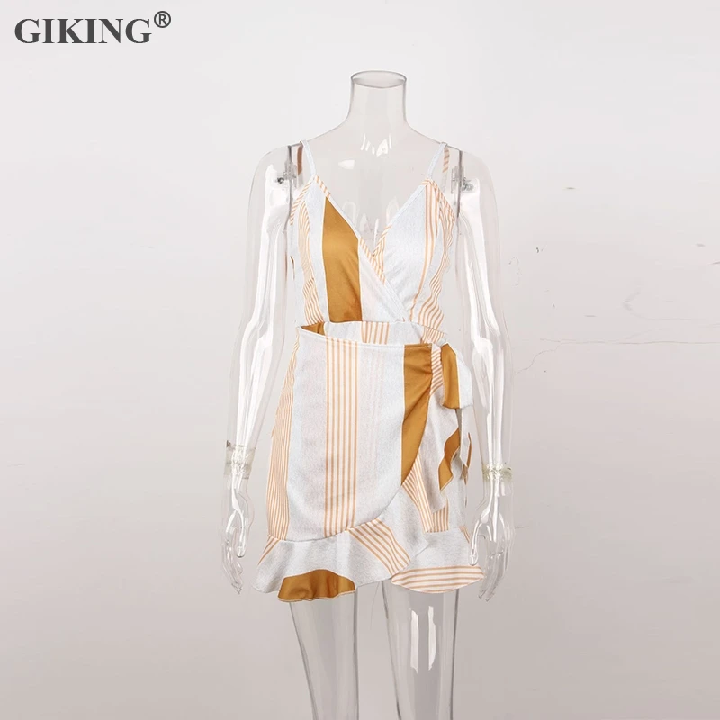 GIKING Summer Striped Floral Print Dress For Women Sexy V-neck Spaghetti Strap Bandage Mini Party Backless Boho Vestidos | Женские