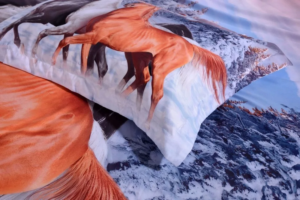 Комплект постельного белья с 3D лошадью черно-белая коричневая лошадь бегущая по