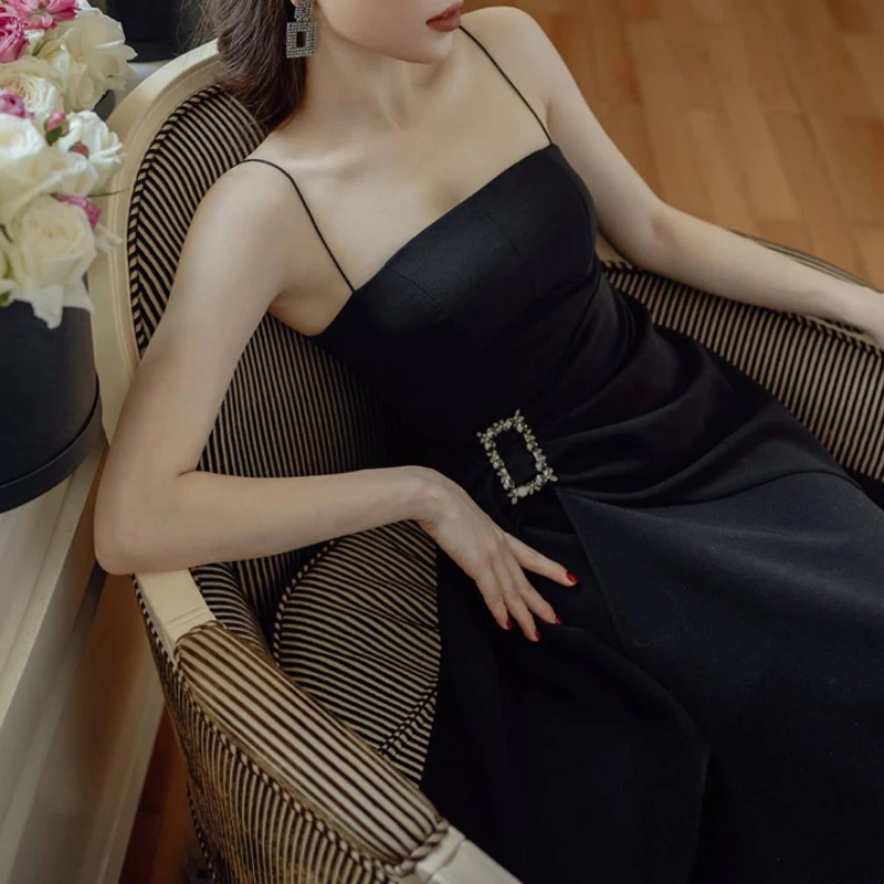 INDRESSME 2019 New Black dress Spaghetti Straps Sleevelss Backless Bodycon Asymmetrical Hem Women With Diamond Belt Midi Dress | Женская