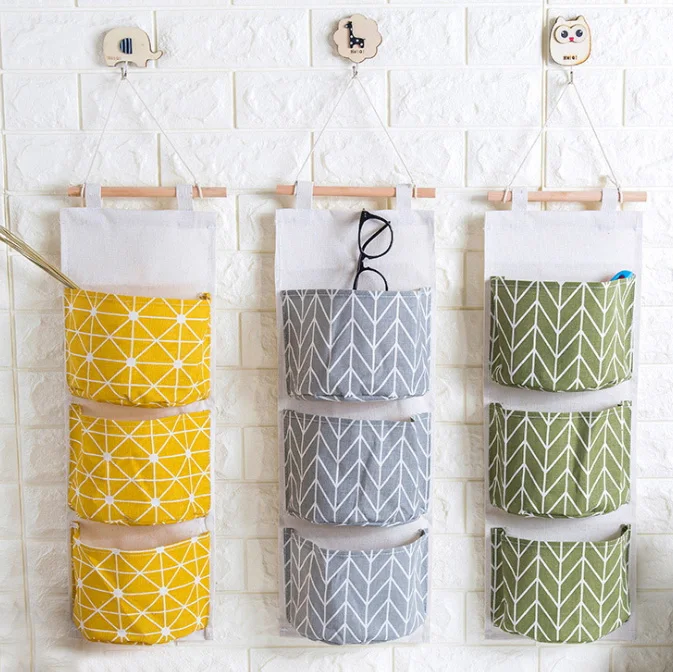Дверь висячая сумка для хранения хлопок и лен дерево 3 Сумки Карманы шкаф одежды
