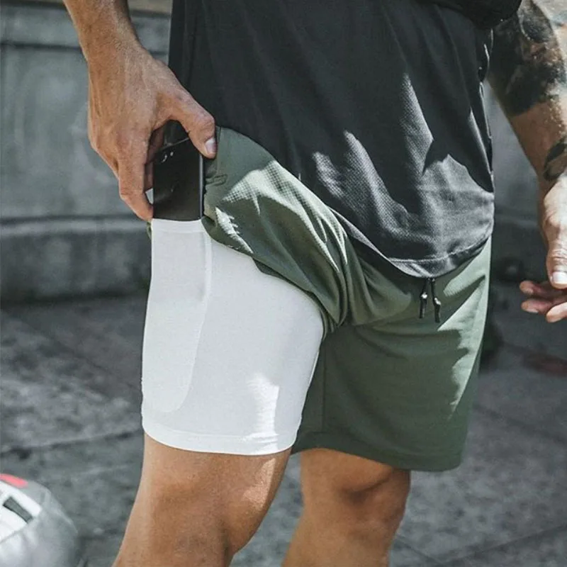 Мужские спортивные шорты с двойным слоем камуфляжные для фитнеса бега пляжные