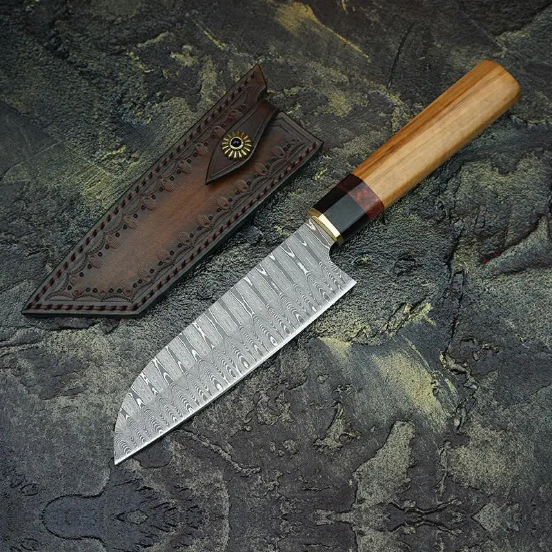 FZIZUO дамасский стальной нож шеф-повара японские ножи Santoku оливковая деревянная ручка кухонные инструменты для приготовления пищи с кожаной оболочкой ручной работы - Цвет: San-Ladder Pattern