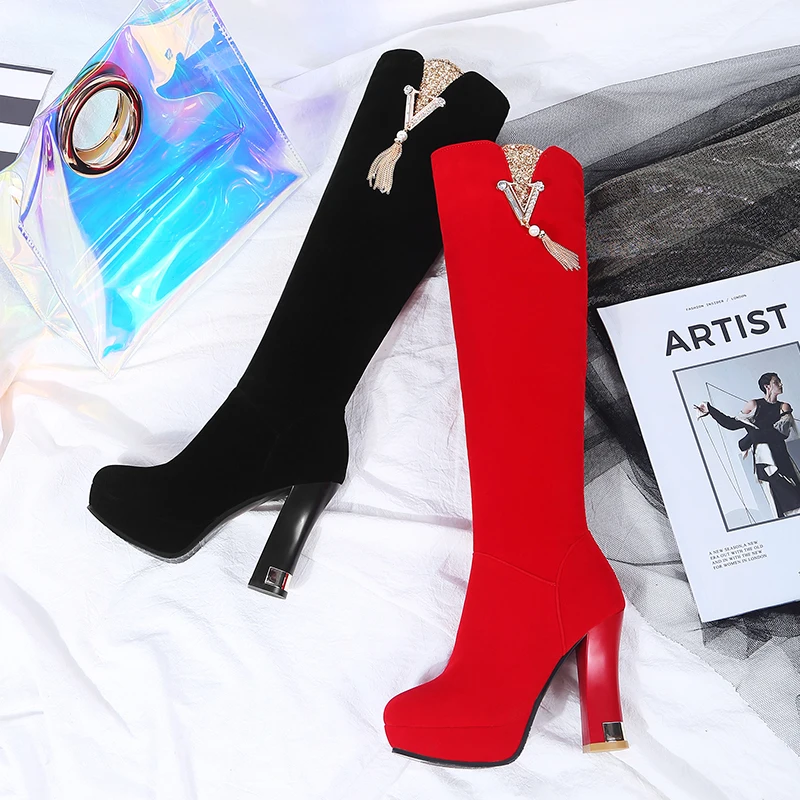 JK/Сапоги до колена из флока женские сапоги на высоком каблуке женская обувь
