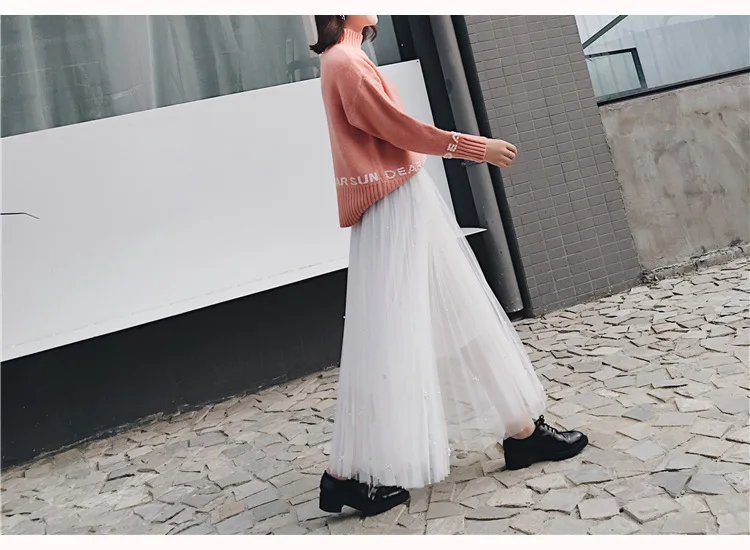 Faldas Mujer Moda корейский Бисер плиссированная юбка Высокая Талия Длинные юбки, женские Юпи Тюль Femme, Spodnica plisowana