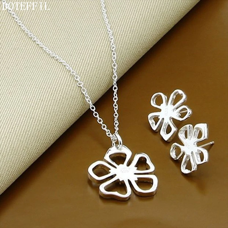 

DOTEFFIL 925 Sterling Silver Flower 18 inch Chain Necklace Earring Set For Women Wedding Engagement Party Jewelry