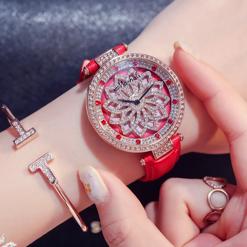 Decorative ladies Watches with diamond stone Red Large dial case Fashion New style dress female watch with leather watchband