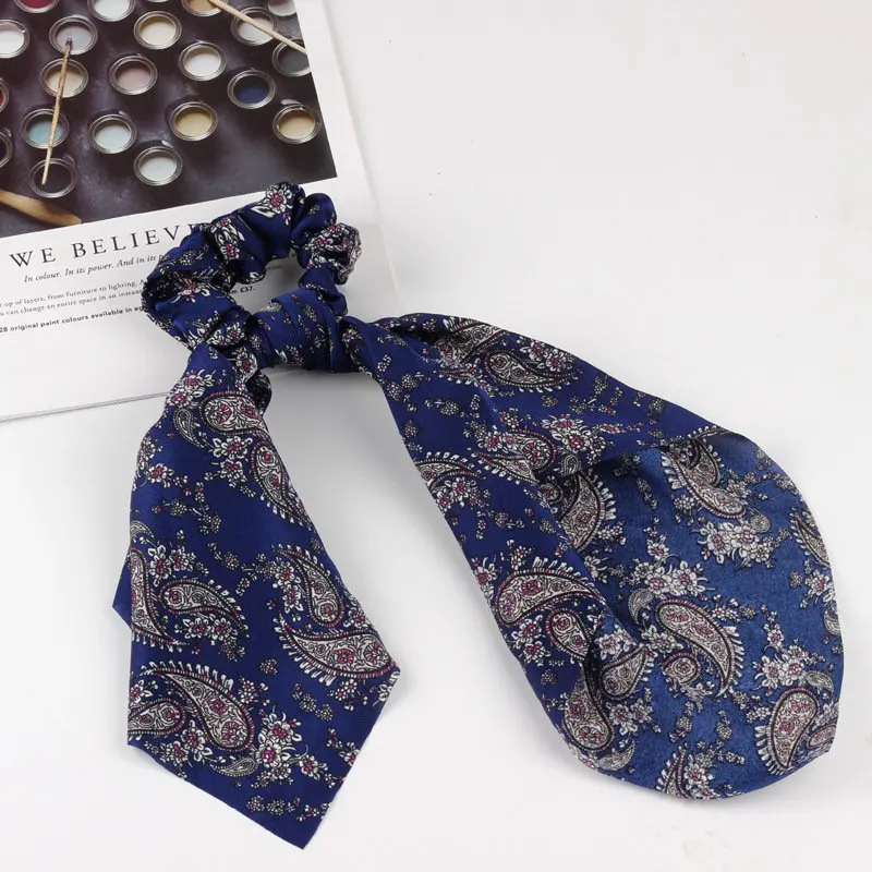 floral navy blue Сатиновые Галстуки для волос с принтом в стиле бохо для женщин и девочек, ленточные резинки для волос, аксессуары для волос - Цвет: floral navy blue