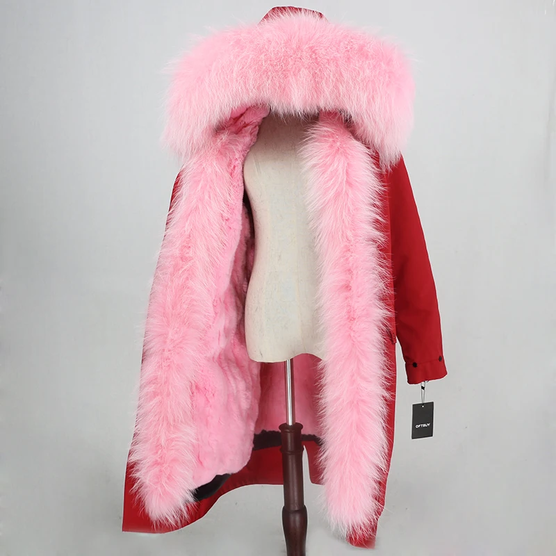 red pink OFTBUY X-long Женская парка водонепроницаемая верхняя одежда пальто из натурального меха натуральный мех енота воротник подкладка из натурального кроличьего меха съемный теплый - Цвет: red pink