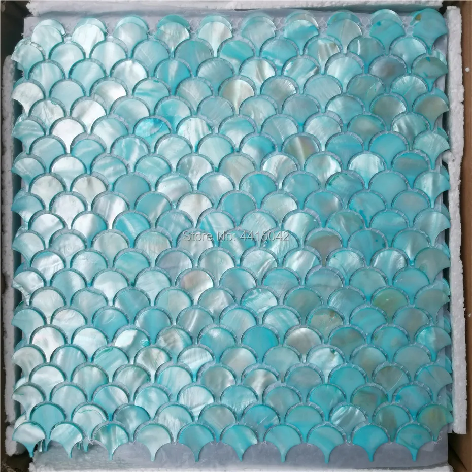 

Blue mother of pearl mosaic tile for home decoration backsplash and bathroom wall tile fan pattern 1 square meter/lot