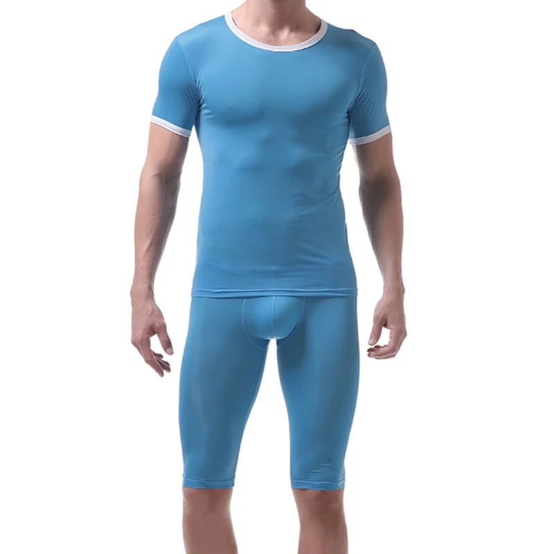 blue tops and pants Лед Шелковая пижама наборы сексуальные мужские с коротким рукавом футболки прозрачные майки для сна Шорты Топы ночное белье короткие штаны - Цвет: blue tops and pants