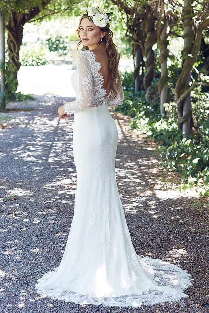 SoDigne пляжное свадебное платье русалки с длинным рукавом и круглым вырезом шеи аппликации кружевное подвенечное платье на заказ сексуальные свадебные платья без спинки