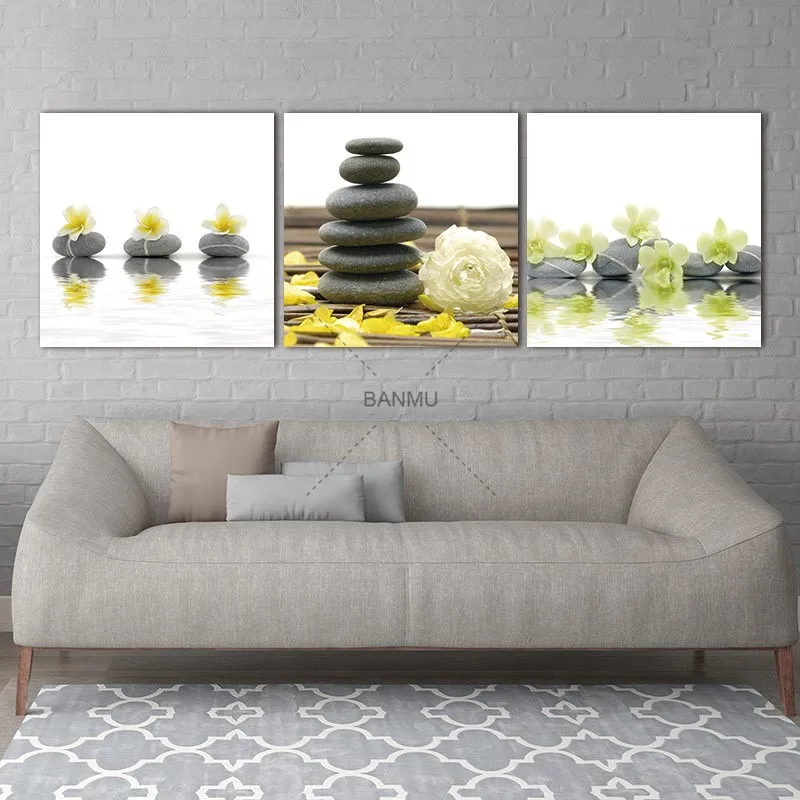 Pictures Prints on Canvas Wall Artwork 3 Pieces Yellow Flowers with Black Stone Modern Giclee Spa Zen Walls Art Work for Decor | Дом и сад