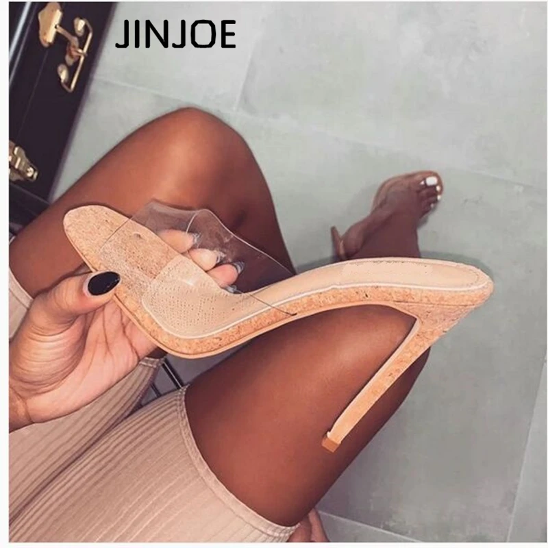 JINJOE/летние женские шлепанцы; сандалии из пвх; прозрачная обувь; женская пикантная Уличная Повседневная обувь на тонком каблуке; тапочки с деревянным узором