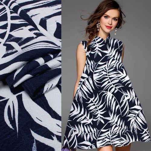 Белые листья печать на синем фоне чистая крученая шелковая ткань 130 см ширина SRS054