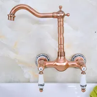 Antique Red Copper Brass Wall Mounted Bathroom Kitchen Sink Faucet Swivel Spout Mixer Tap Dual Ceramics Handles Levers anf954