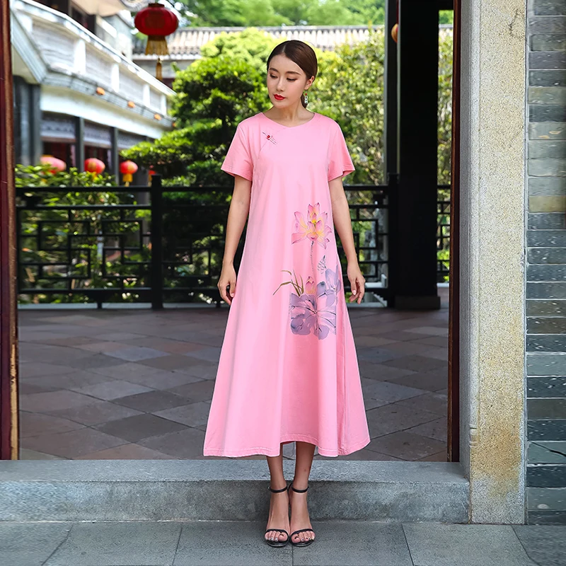 New2018Summer Ladies China style hand painted cotton long dress vintage female casual longos Vestidos plus size TUNIC XXXXXL 5XL | Женская